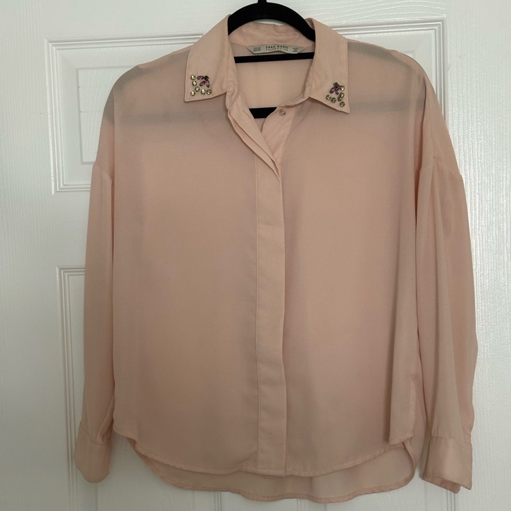 Zara flowy long-sleeve blouse featuring rhinestone-embellished collar details.